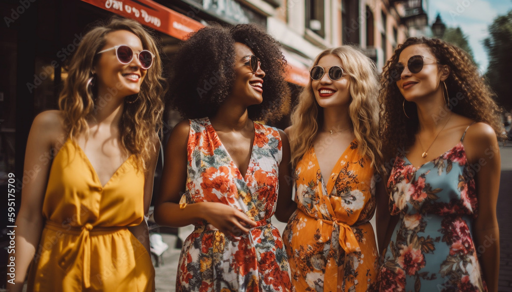 Fototapeta premium Young adults smiling, enjoying summer vacations together generated by AI