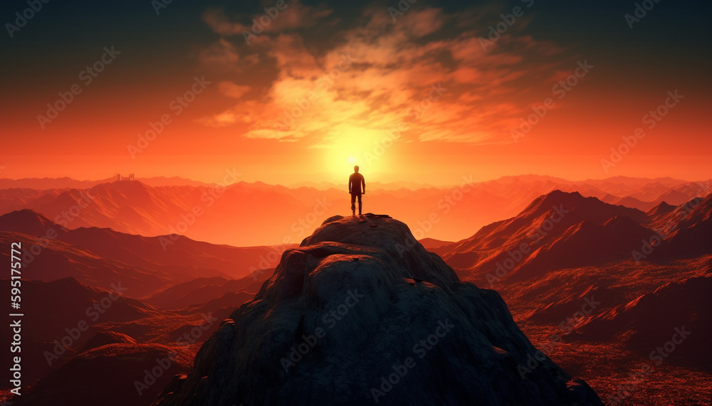 Standing on mountain peak, conquering adversity, achievement generated by AI