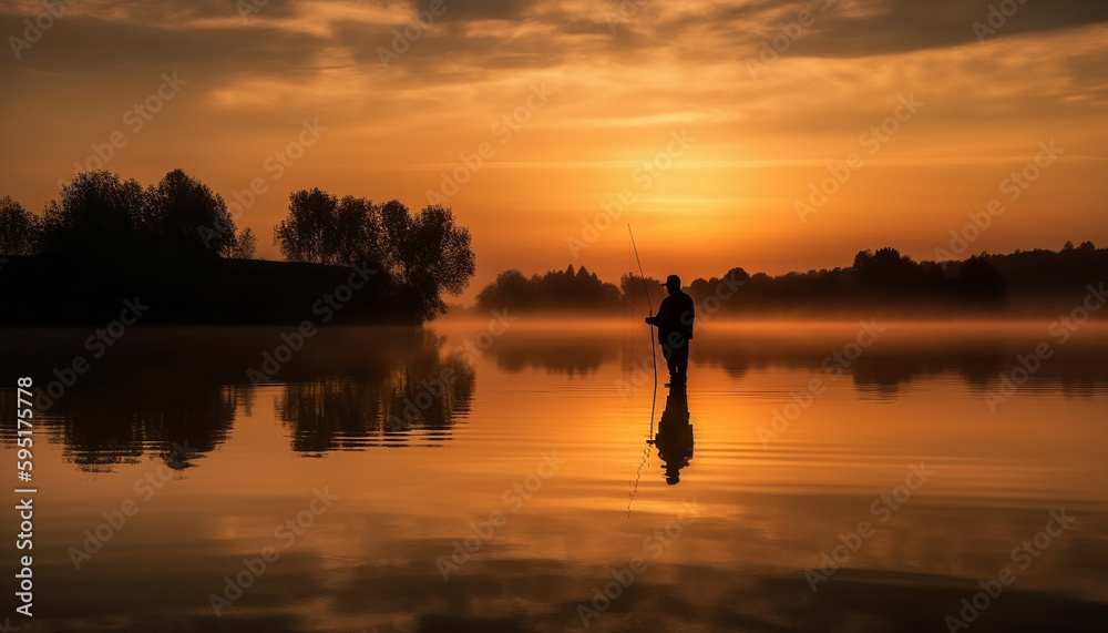 Silhouette of fisherman standing in tranquil water generated by AI