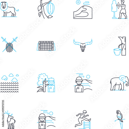 Campfire stories linear icons set. Tales, Horror, Ghosts, Legends, Myths, Fire, Scary line vector and concept signs. Dark,Woods,Spooky outline illustrations