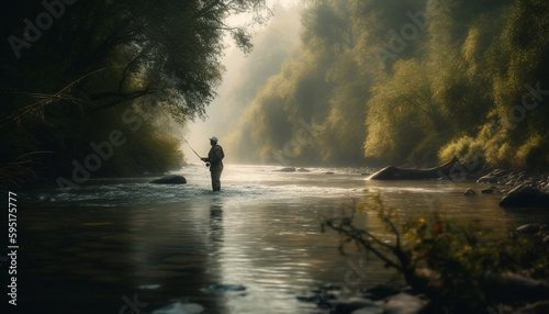One man standing, fly fishing in tranquil pond generated by AI