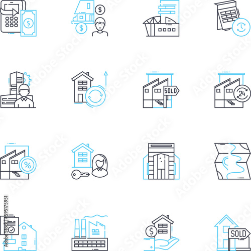 Sales equity linear icons set. Valuation, Shares, Acquisition, Divestiture, Merger, Revenue, Capital line vector and concept signs. Stock,Equity,Asset outline illustrations