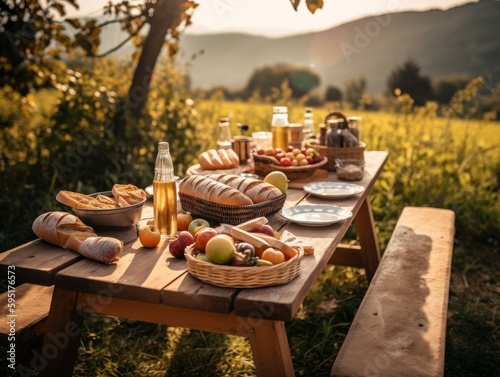 An outdoor picnic table with a colorful spread of food, drinks, and a picnic basket, with the surrounding nature as a backdrop