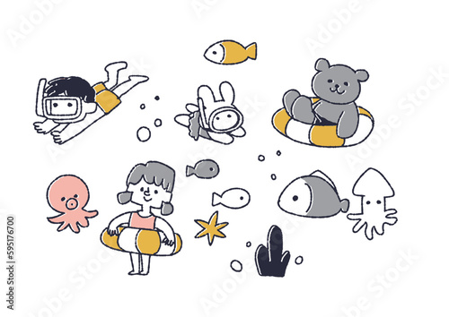 海で泳ぐかわいい子供とくまとうさぎのキャラクターのイラスト素材