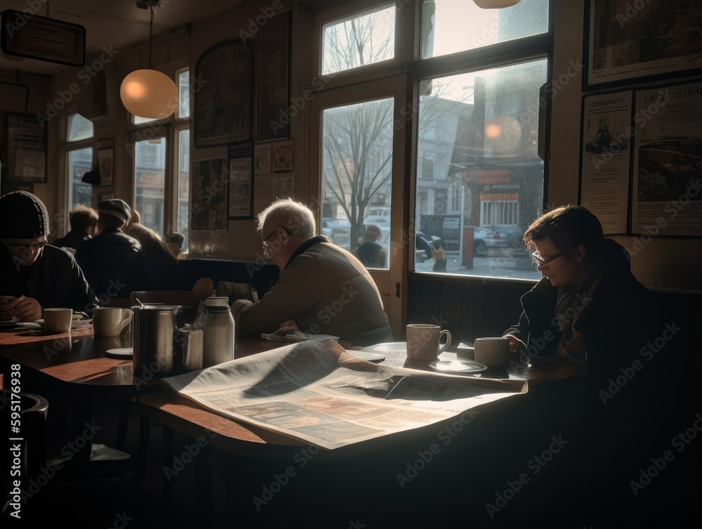A table in a cafe with cups of coffee, pastries, and a book or newspaper, with people's silhouettes in the background
