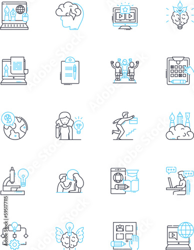 Electronic learning linear icons set. E-learning, Digital, Online, Virtual, Remote, Technology, Interactive line vector and concept signs. Multimedia,Distance,Blended outline illustrations