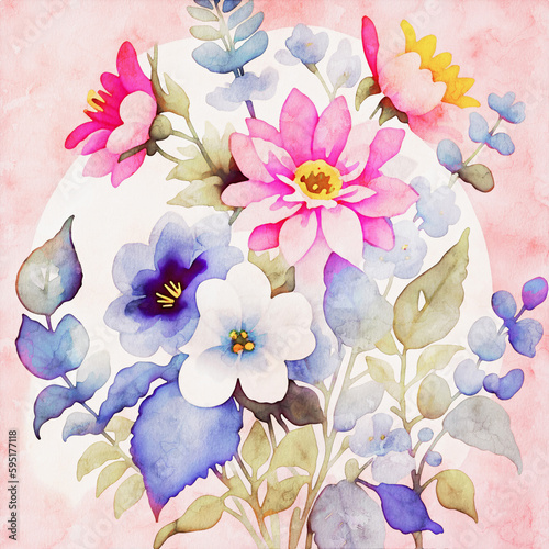 Watercolor  various flowers and birds  beautiful