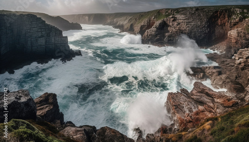 Majestic cliff, crashing waves, spray splashing wet generated by AI