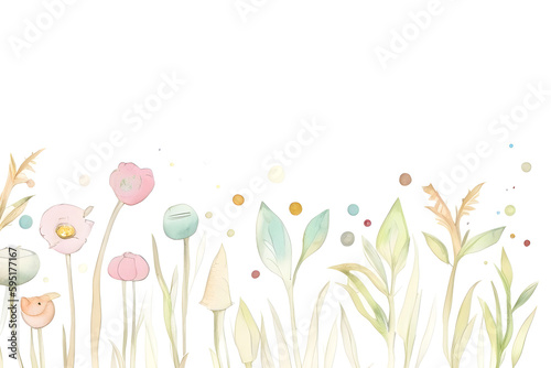 Watercolor colorful flowers on a transparent background in children's storybook style. Illustration of bright spring flowers in green, blue, yellow, pink and red colors.