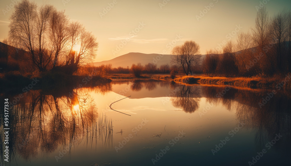 Tranquil scene orange sunset over mountain range generated by AI Tranquil scene orange sunset over mountain range generated by AI