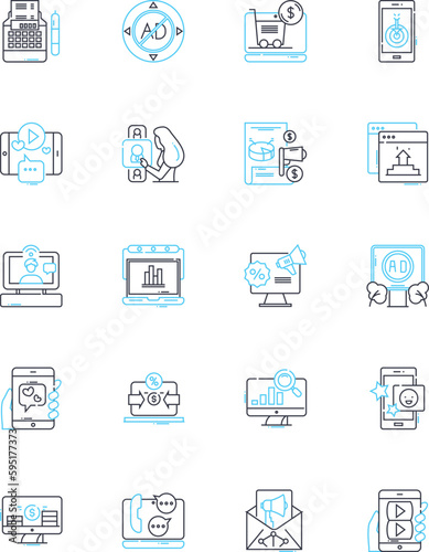 Content strategy linear icons set. Planning, Optimization, Analytics, Web, Channel, Communication, Consistency line vector and concept signs. Messaging,Engagement,Development outline illustrations