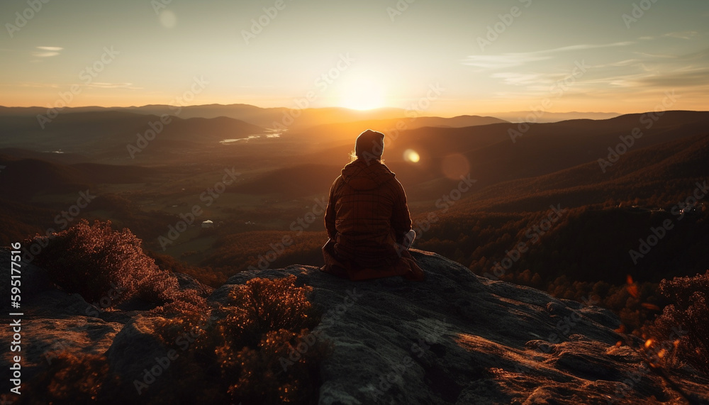 One person sitting on sandstone cliff, admiring sunset generated by AI