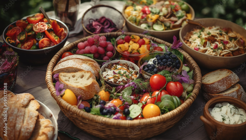 Abundance of healthy gourmet food in rustic ting generated by AI Abundance of healthy gourmet food in rustic ting generated by AI