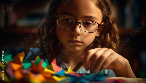 Smiling girl holding eyeglasses, studying art craft generated by AI