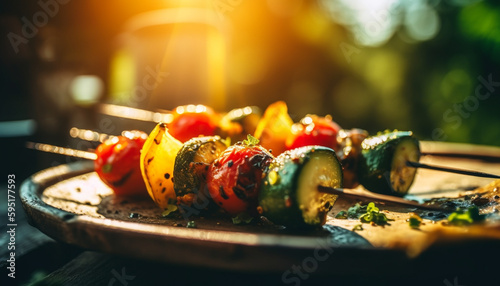 Grilled skewers of meat and vegetables outdoors generated by AI