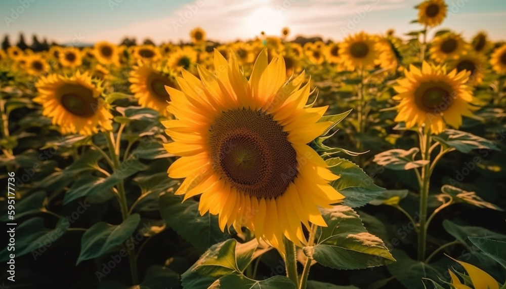 Obraz premium Golden sunflower shines in vibrant summer meadow generated by AI