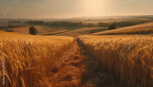 Golden wheat fields stretch to the horizon generated by AI
