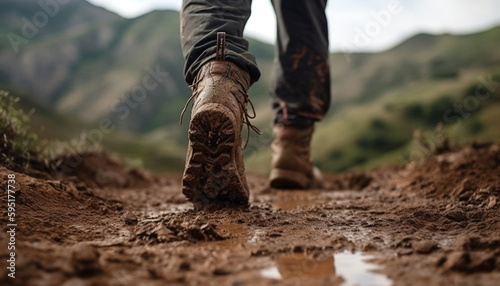 Hiking boot on dirt path, nature adventure generated by AI