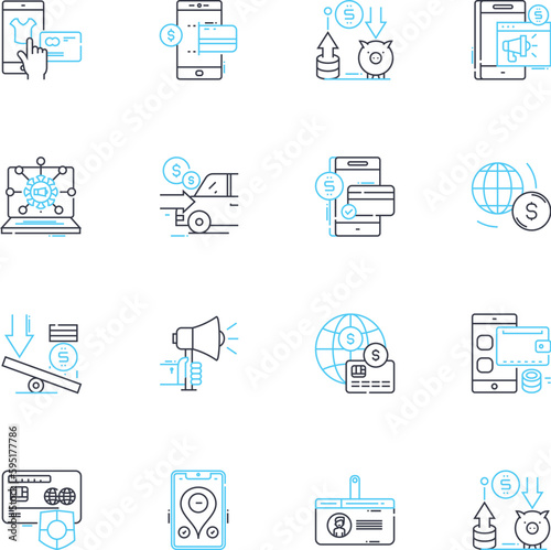 Virtual transaction linear icons set. Cryptocurrency, Blockchain, Transactions, Digital, Payment, Online, E-commerce line vector and concept signs. Mobile,Security,Encryption outline illustrations