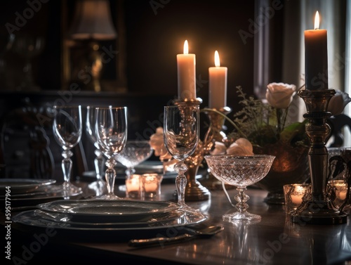 An elegantly set dining table with candles  fine china  and crystal glassware