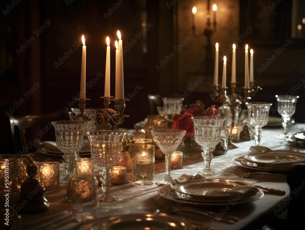 An elegantly set dining table with candles, fine china, and crystal glassware