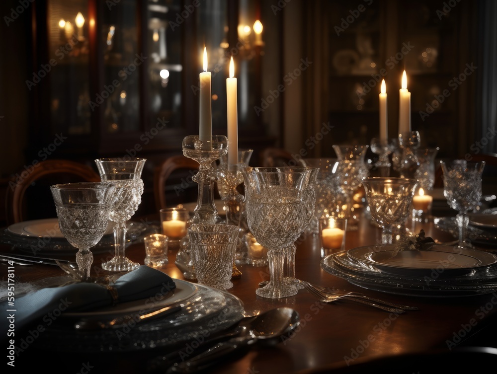An elegantly set dining table with candles, fine china, and crystal glassware