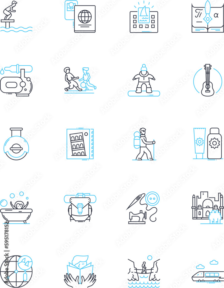 Summer trip linear icons set. Beach, Adventure, Relaxation, Exploration, Camping, Hiking, Roadtrip line vector and concept signs. Watersports,BBQ,Lakeside outline illustrations