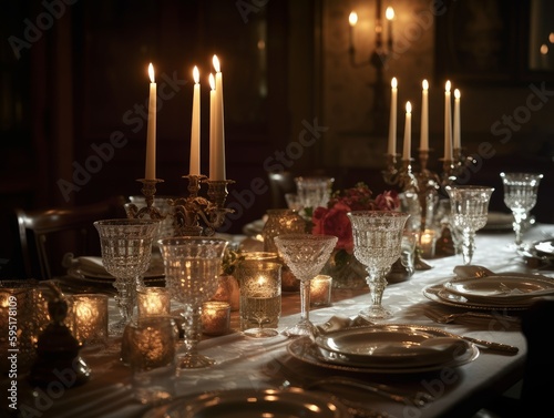 An elegantly set dining table with candles, fine china, and crystal glassware