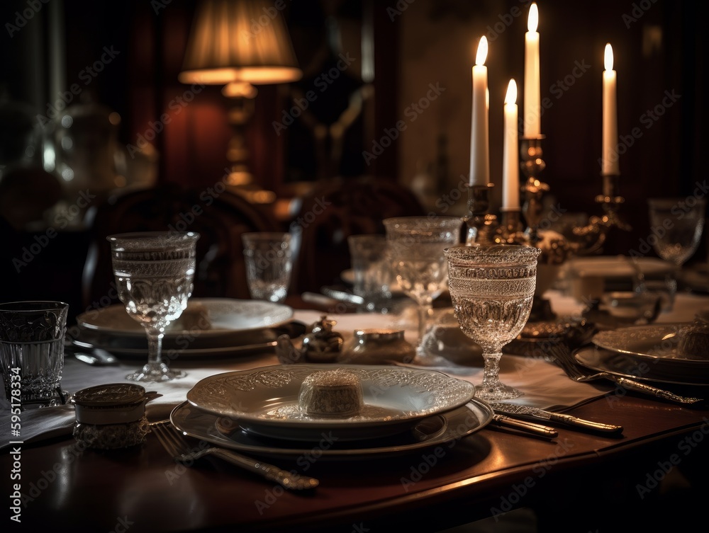 An elegantly set dining table with candles, fine china, and crystal glassware An elegantly set dining table with candles, fine china, and crystal glassware