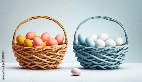 Investment risk - all the eggs in one basket. AI-generated illustration of eggs in two wicker baskets. MidJourney.