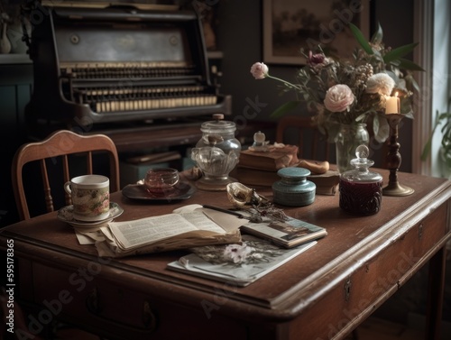 A table with a collection of vintage items, such as antique teacups, an old typewriter, or a gramophone © Suplim