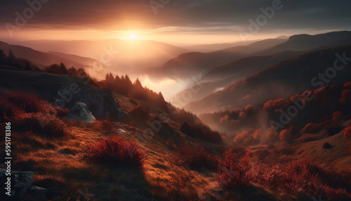 Majestic mountain peak, foggy autumn landscape beauty generated by AI