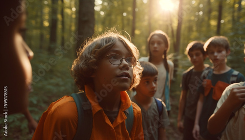 Group of smiling people hiking in nature generated by AI