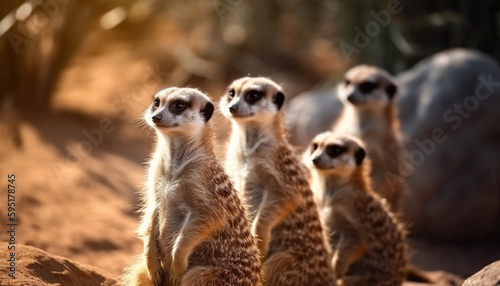 Small meerkat family sitting in a row outdoors generated by AI © Stockgiu