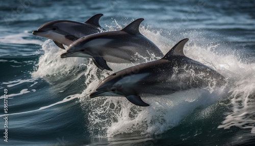 Playful bottle nosed dolphin jumping in blue water generated by AI