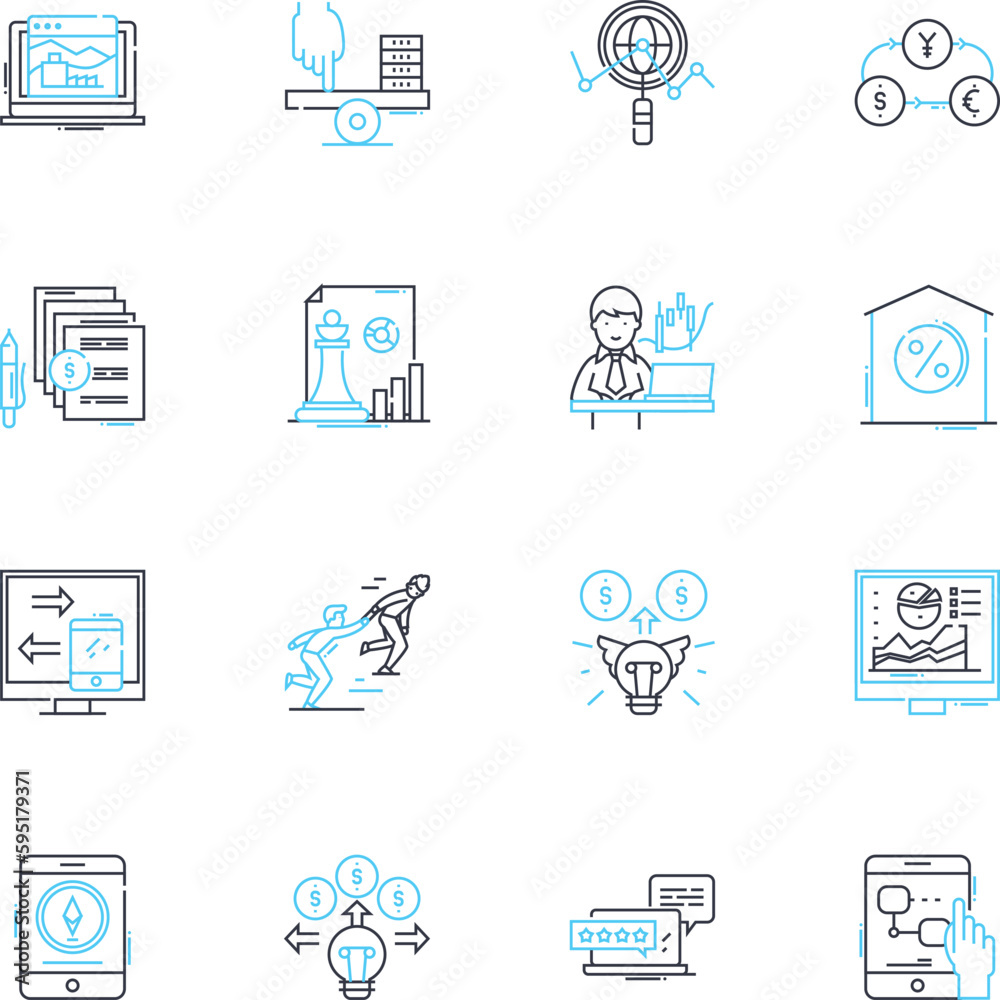 Economic system linear icons set. Capitalism, Socialism, Communism, Free-market, Mixed-economy, Redistribution, Privatization line vector and concept signs. Nationalization,Regulation,Deregulation