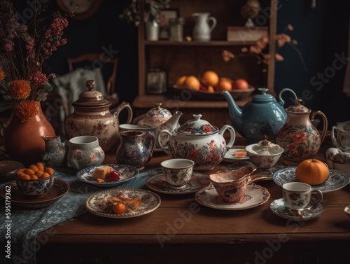 A cozy and inviting tea party scene unfolds on a table