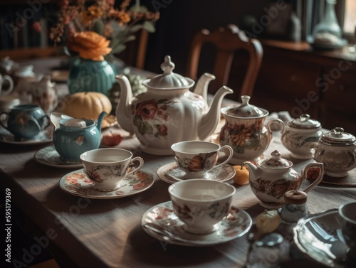 A cozy and inviting tea party scene unfolds on a table