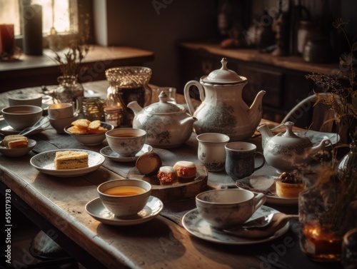 A cozy and inviting tea party scene unfolds on a table