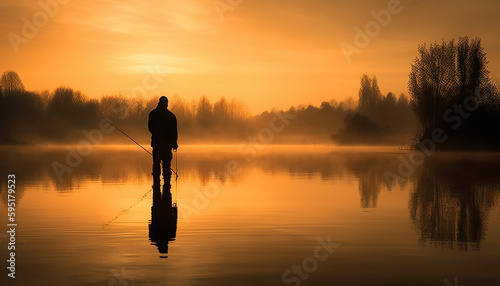 Silhouette of fisherman standing, back lit by sunset generated by AI
