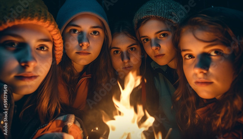 Group of people enjoying winter fire celebration generated by AI