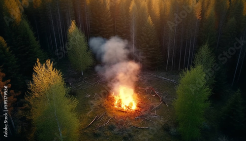 Burning forest, natural phenomenon, danger, environmental damage generated by AI