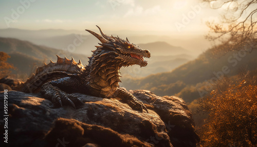 Majestic dragon claws mountain peak at sunset generated by AI © Stockgiu