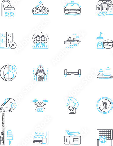 Enjoyable jaunt linear icons set. Adventure, Escapade, Expedition, Fun, Leisure, Excursion, Outing line vector and concept signs. Tour,Journey,Expedition outline illustrations