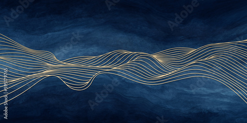 Abstract line art wavy smooth flowing dynamic gold gradient on dark blue paint background luxury style in concept wave, ocean, mountain
