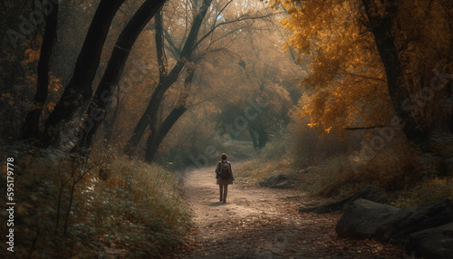 One person hiking in tranquil autumn forest generated by AI