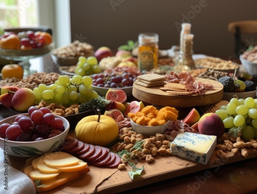 A table with a variety of cheese, crackers, and fruits, creating an appetizing charcuterie board