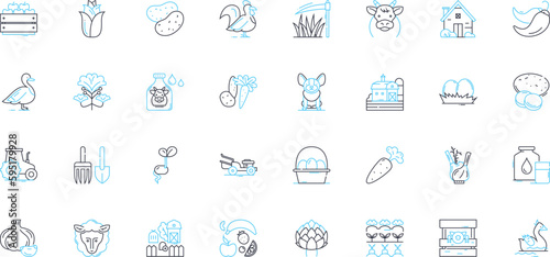 Agribusiness tools linear icons set. Harvesters, Tractors, Cultivators, Irrigation, Fertilizers, Seedlings, Greenhouses line vector and concept signs. Pesticides,Tillers,Planters outline illustrations