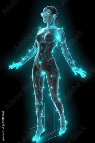 Technology woman hologram. AI generation © Olmyntay