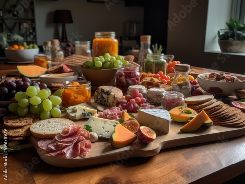 A table with a variety of cheese  crackers  and fruits  creating an appetizing charcuterie board